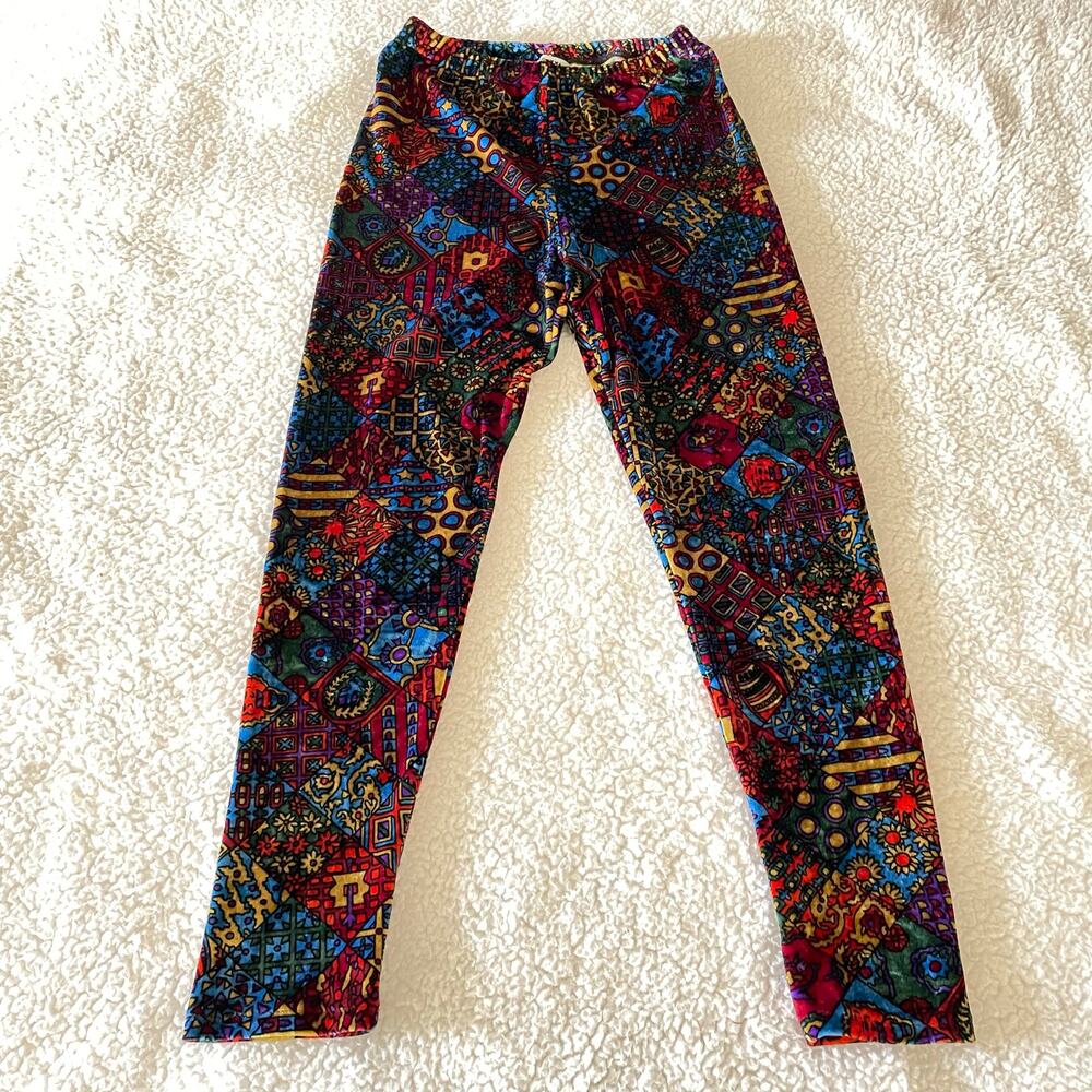 Vintage Ymaginer Patchwork Red Velvet Leggings Made in France 90s Trippy Print